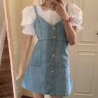 Puff-sleeve Lace Trim Blouse / Spaghetti Strap Denim Dress