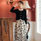 Set: Long-sleeve Velvet Top + Floral Print Midi A-line Skirt