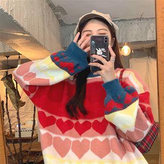 Heart Patterned Loose-fit Sweater As Figure - One Size