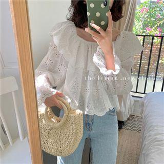 Puff-sleeve Ruffled Eyelet Lace Blouse White - One Size