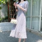 Shirred-sleeve Square-neck Floral Long Dress