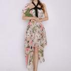Floral Print Halter Midi Chiffon Dress