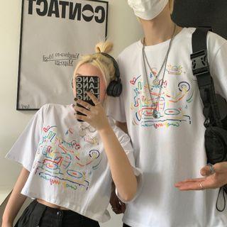 Couple Matching Elbow-sleeve Crocodile Cartoon Print T-shirt