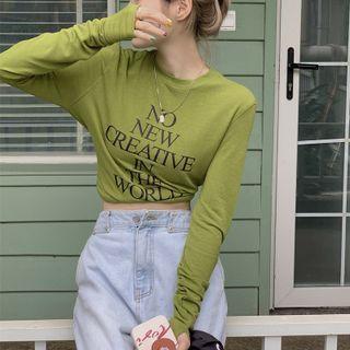 Long-sleeve Lettering T-shirt Lettering - Green - One Size