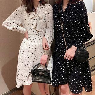 Tie-neck Dotted Long-sleeve Mini A-line Dress