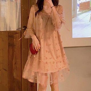 Heart Print Crewneck Lace-up Elbow-sleeve Mesh Dress As Shown In Figure - One Size