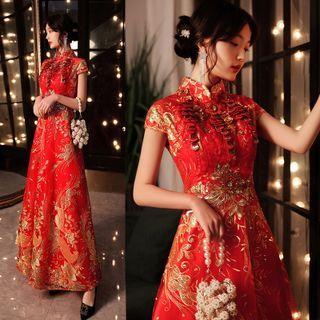 Short-sleeve Dragon Print Midi A-line Evening Gown
