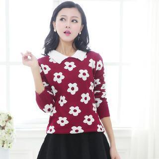 Contrast-collar Flower Knit Top