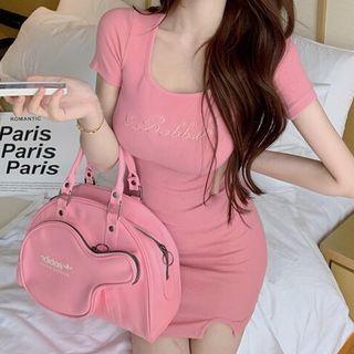 Letter Embroidered Mini Bodycon Dress