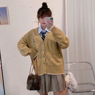 Embroider Bear Single Breasted Long-sleeve Cardigan Sweater - One Size