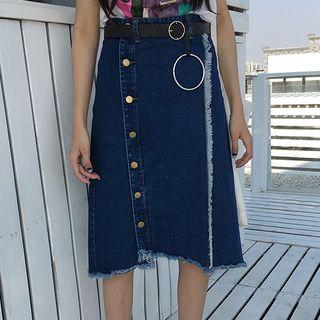 Asymmetrical Denim Midi A-line Skirt