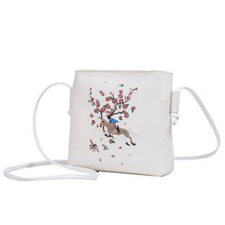Deer Embroidered Faux Leather Crossbody Bag