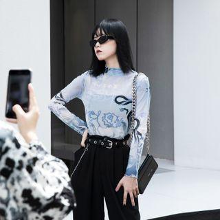 Long-sleeve Graphic Print Mock-neck T-shirt