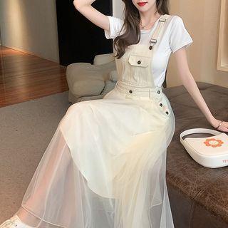 Mesh Panel Denim Midi Overall Dress / Short-sleeve T-shirt / Set