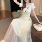 Mesh Panel Denim Midi Overall Dress / Short-sleeve T-shirt / Set