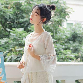 Lace Panel Bell-sleeve Chiffon Light Jacket White - One Size