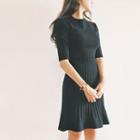 Elbow-sleeve Midi Rib-knit Dress
