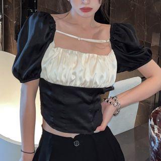 Puff-sleeve Shirred Paneled Blouse