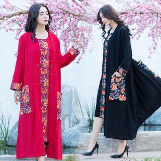 Flower Embroidered Long Button Jacket