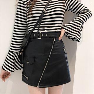 Belted Zip-detail Faux-leather Mini Skirt