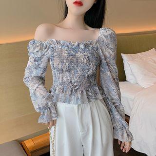 Floral Print Blouse Floral - Grayish Blue - One Size