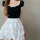 Bow Detail Contrast-trim Short-sleeve Tee / Ruffle A-line Skirt