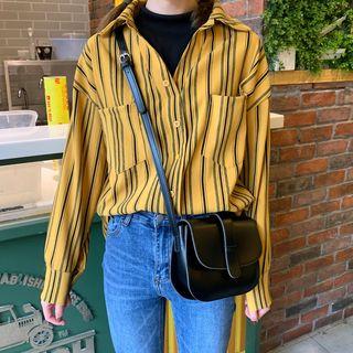 Mock-two Striped Turtle-neck Long-sleeve Loose-fit Top