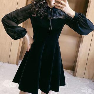 Balloon-sleeve Lace Collar Velvet A-line Dress
