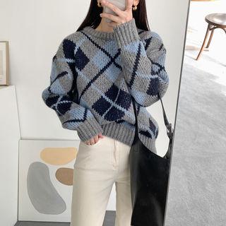Round-neck Argyle Wool Blend Knit Top