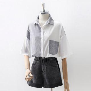 Pinstriped Panel Short-sleeve Blouse