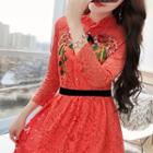 Embroidered Long-sleeve A-line Lace Dress
