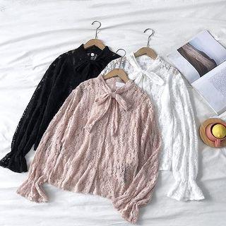 Plain Ribbon Lace-up Flare-sleeve Top