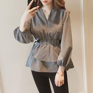 Long-sleeve Checked Peplum Blouse