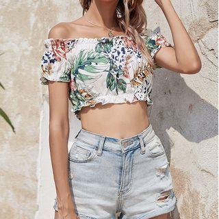Short-sleeve Off-shoulder Print Frill Trim Crop Top