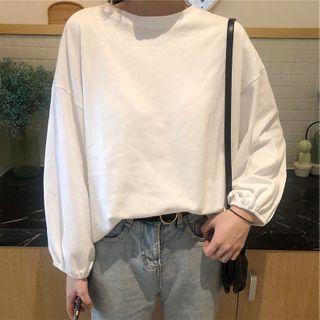 Round Neck Plain Puff Long-sleeve Top
