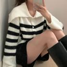 Striped Single-breasted Knit Jacket White - One Size