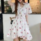 Short-sleeve Strawberry Print Ruffled A-line Dress White - One Size