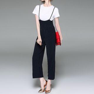 Set: Plain Short Sleeve T-shirt + Striped Pinafore Jumpsuit