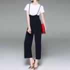 Set: Plain Short Sleeve T-shirt + Striped Pinafore Jumpsuit