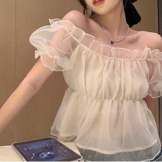 Puff-sleeve Off-shoulder Mesh Top Beige - One Size