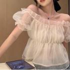 Puff-sleeve Off-shoulder Mesh Top Beige - One Size