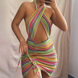 Halter-neck Cutout Striped Drawstring Mini Bodycon Dress