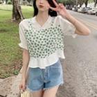Mock Two-piece Short-sleeve Floral Panel Blouse