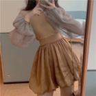Crew-neck Lantern-sleeve Top / High Waist Shorts