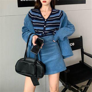 Striped Knit Top/ Corduroy Blazer / High-waist Plain Skirt