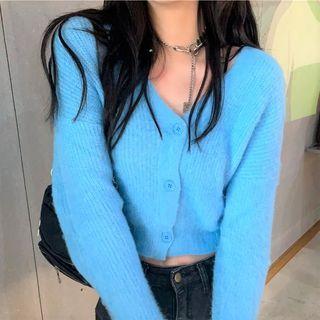 Cropped V-neck Cardigan Blue - One Size