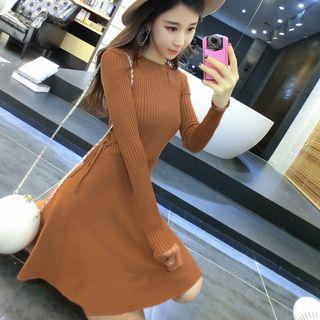 Gathered-waist Long-sleeved Crewneck A-line Plain Slim Sheath Dress