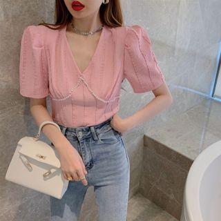Short-sleeve Faux Perl Chiffon Blouse