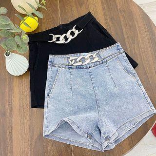 High-waist Chain Denim Wide-leg Shorts