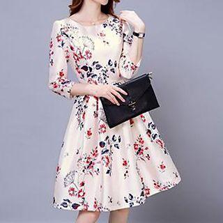 Floral Print 3/4 Sleeve A-line Dress
